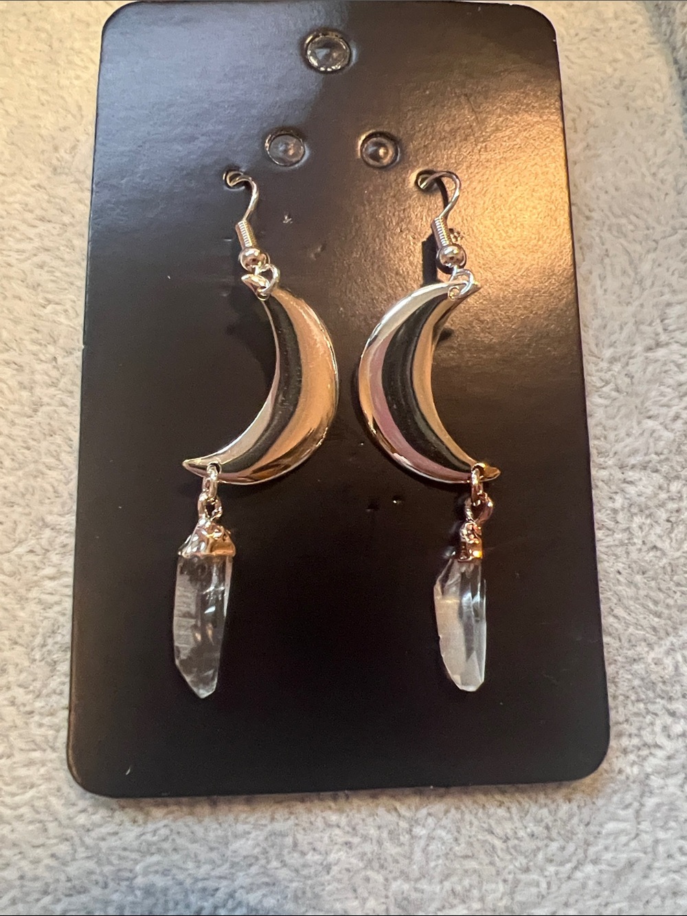 Silver Crescent Moon clear quartz Drop Earrings - Women Jewelry